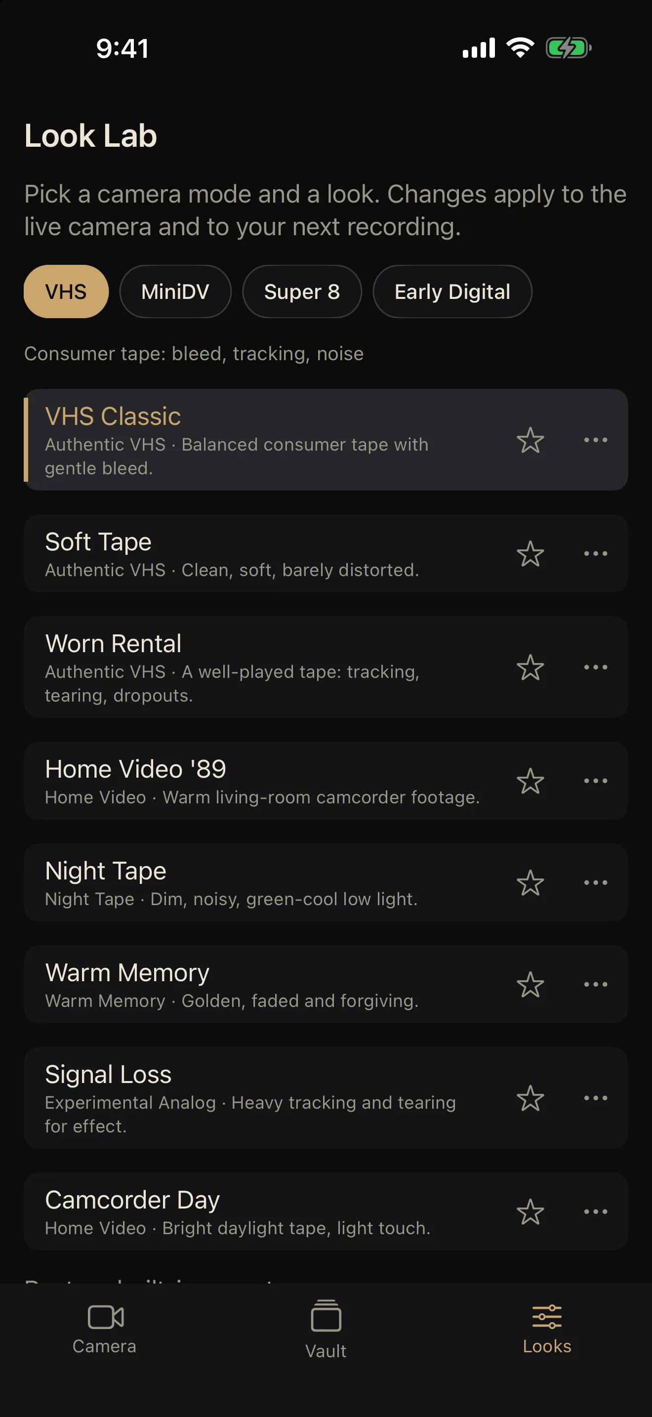 The Look Lab listing VHS looks with descriptions and favorite buttons