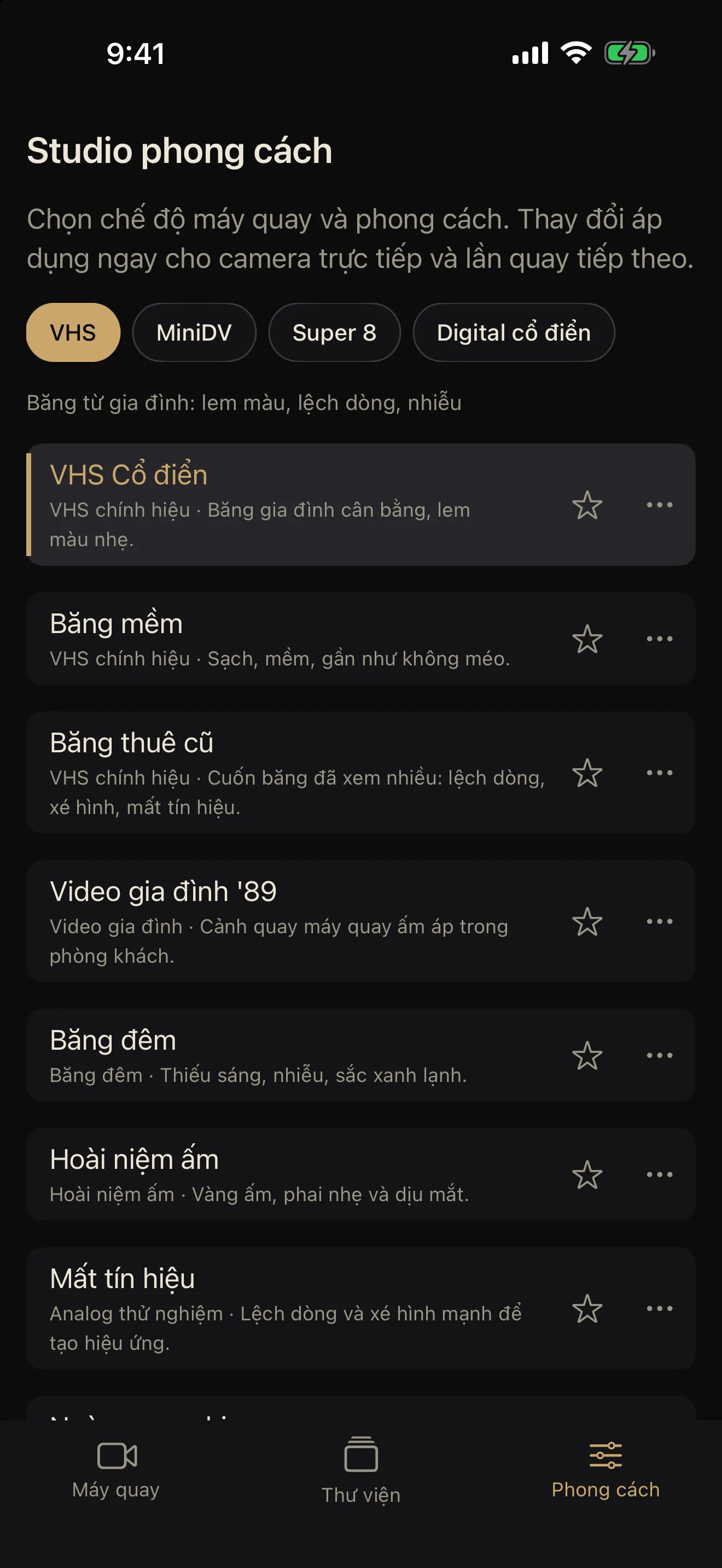 Studio phong cách liệt kê các phong cách VHS kèm mô tả và nút yêu thích