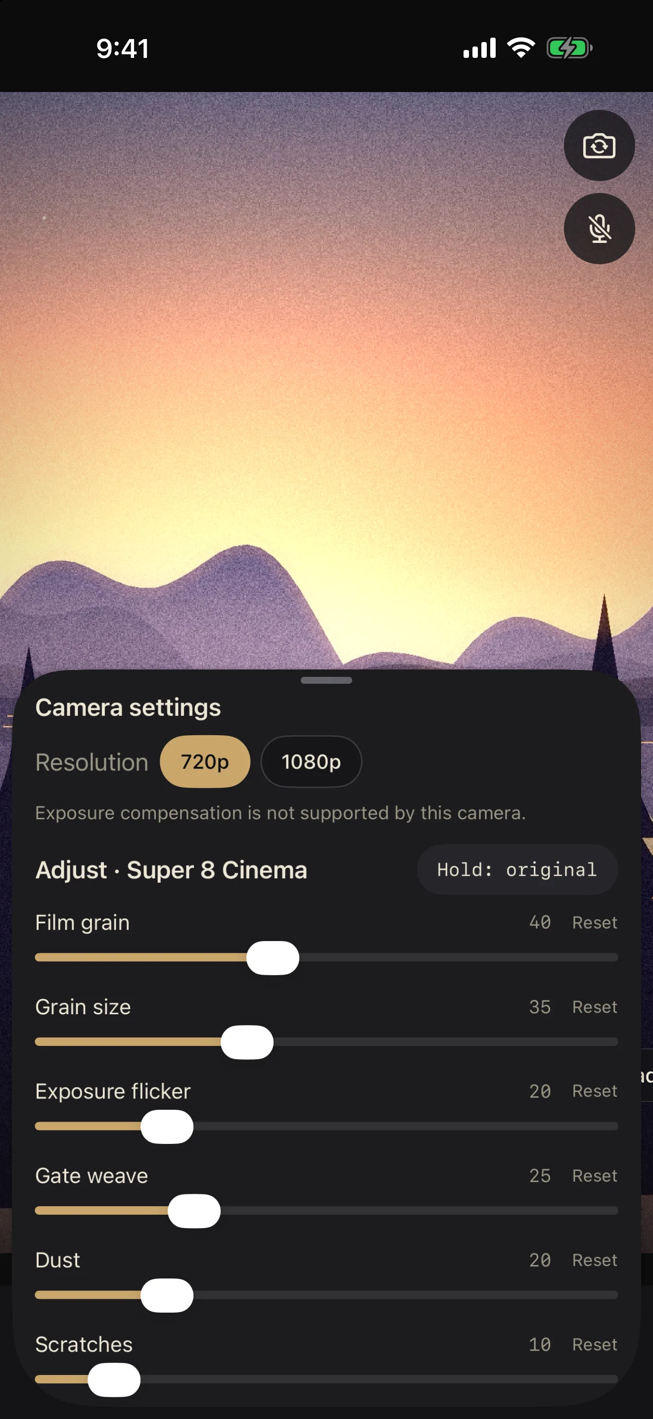 The Adjust sheet with Super 8 sliders over the live camera