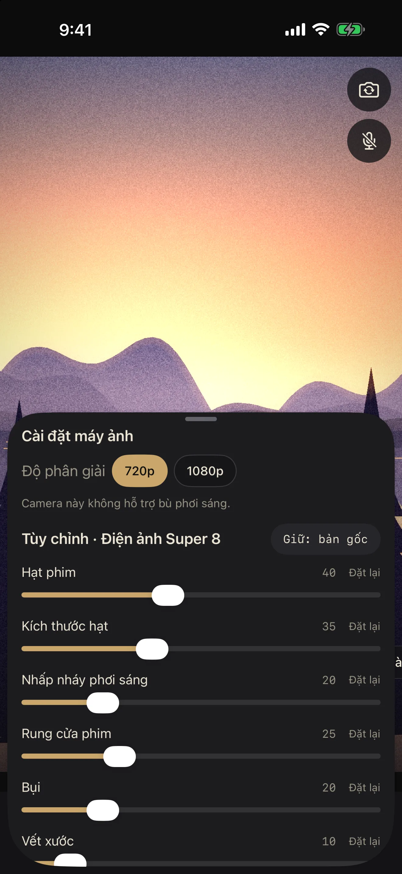 Bảng Tùy chỉnh với các thanh điều chỉnh Super 8 trên camera trực tiếp