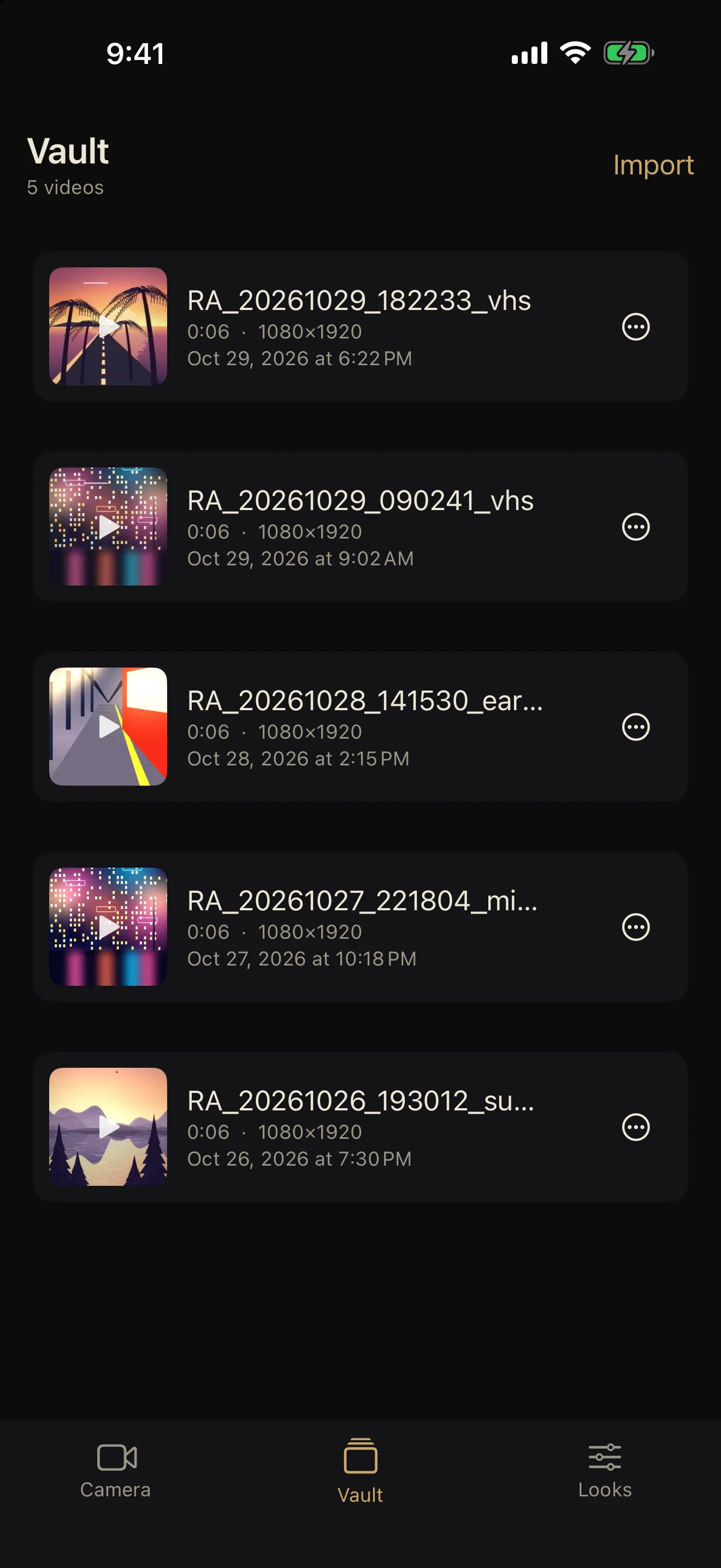 The Vault listing recorded and rendered videos with thumbnails