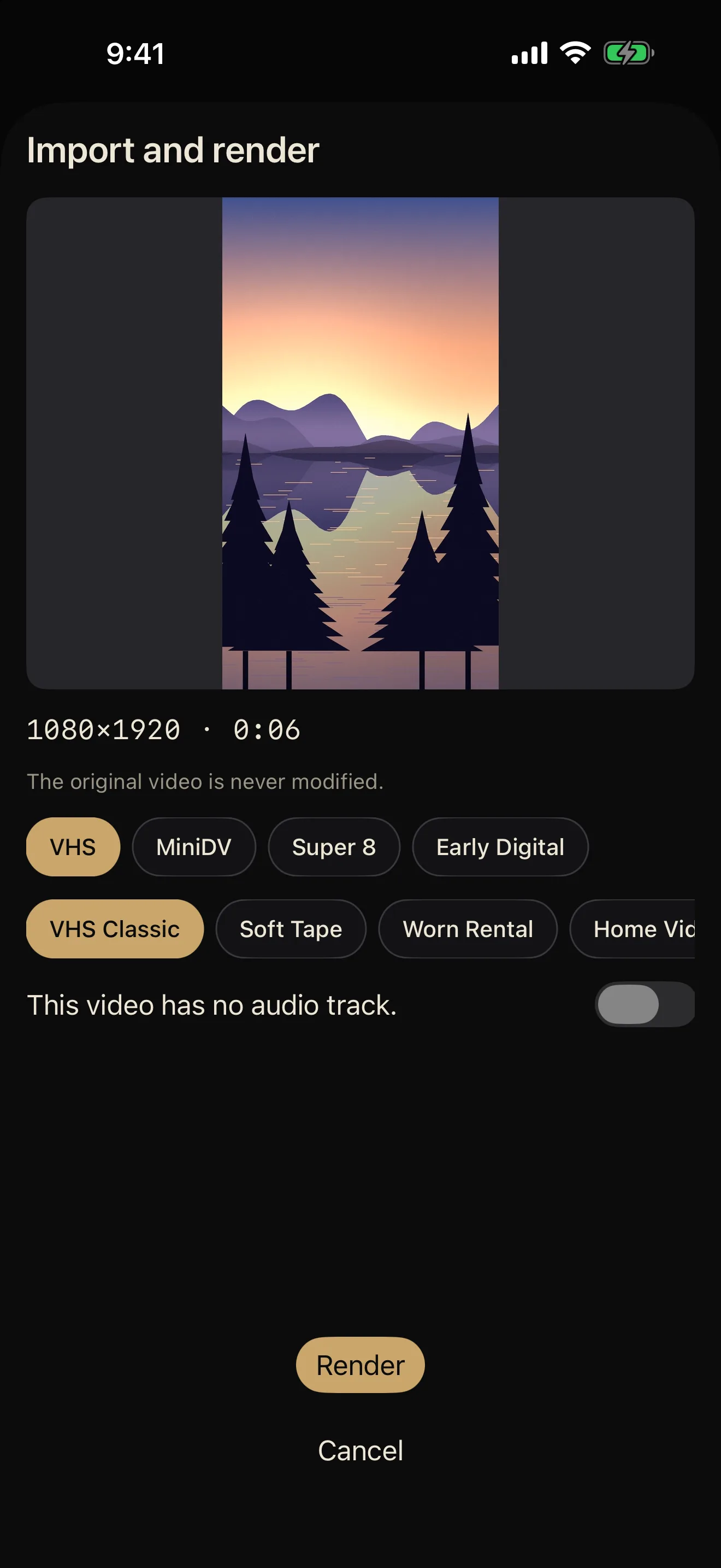 The import screen with a preview, mode and look choices, and a Render button