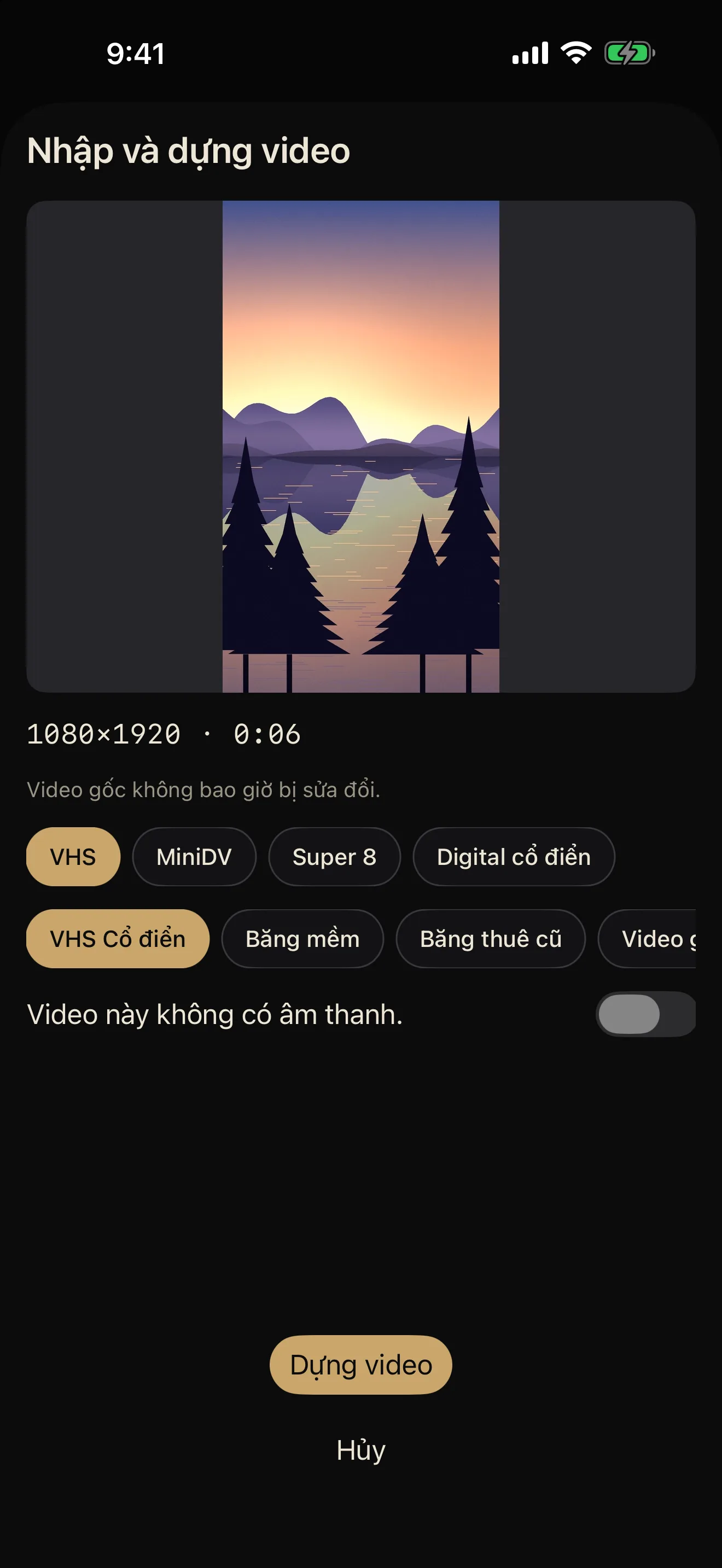 Màn hình nhập video với bản xem trước, lựa chọn chế độ và phong cách, và nút Dựng video